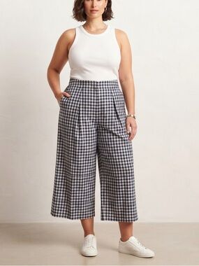 Wide-Leg Gingham Jeans in Navy & White